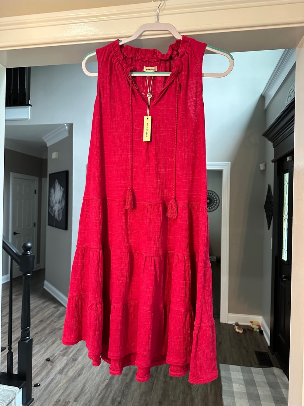 Sleeveless Tiered Midi Dress with Tassel Tie in Fuchsia